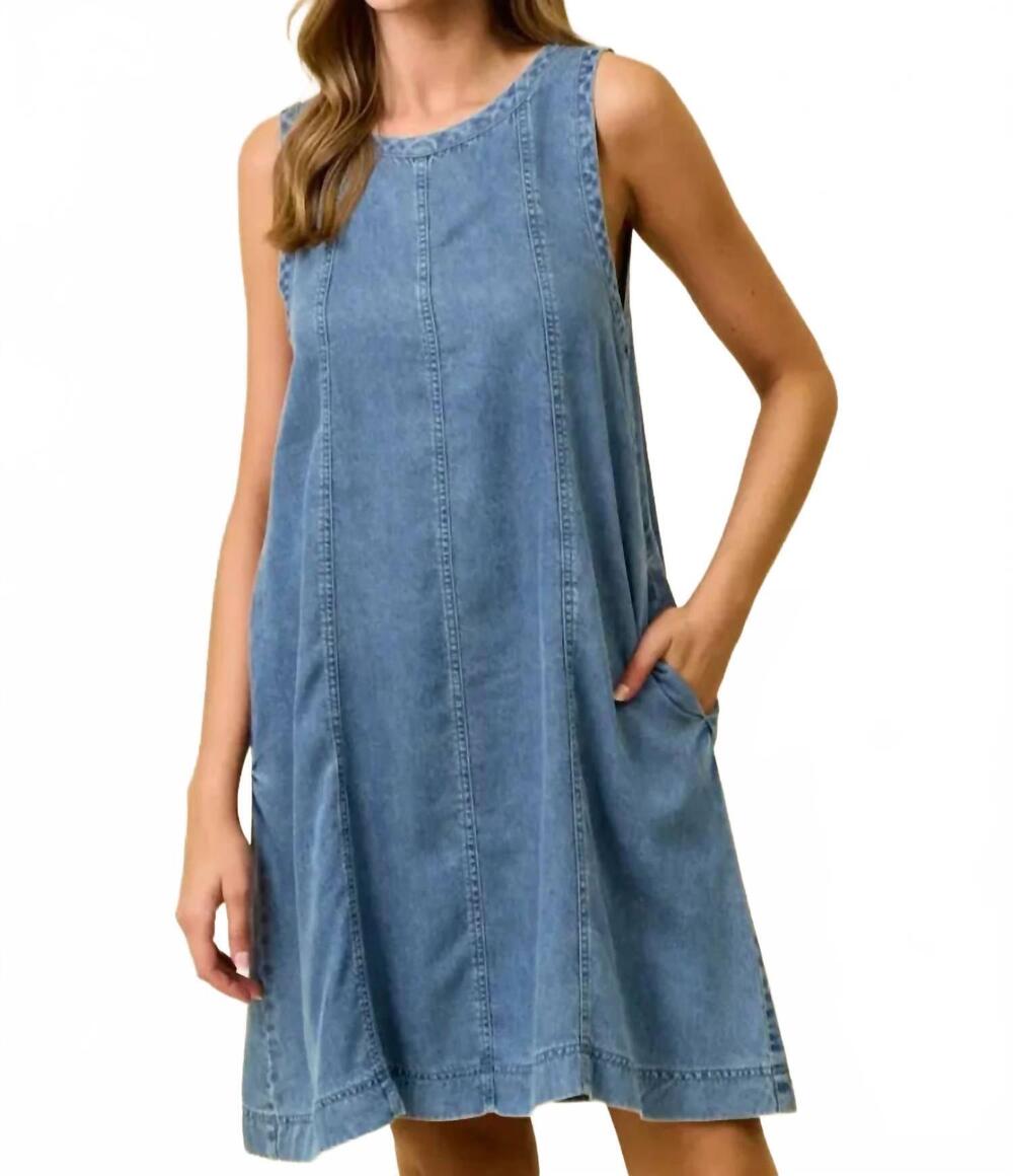 NEW DOE AND RAE scoop neck flare denim mini dress in blue